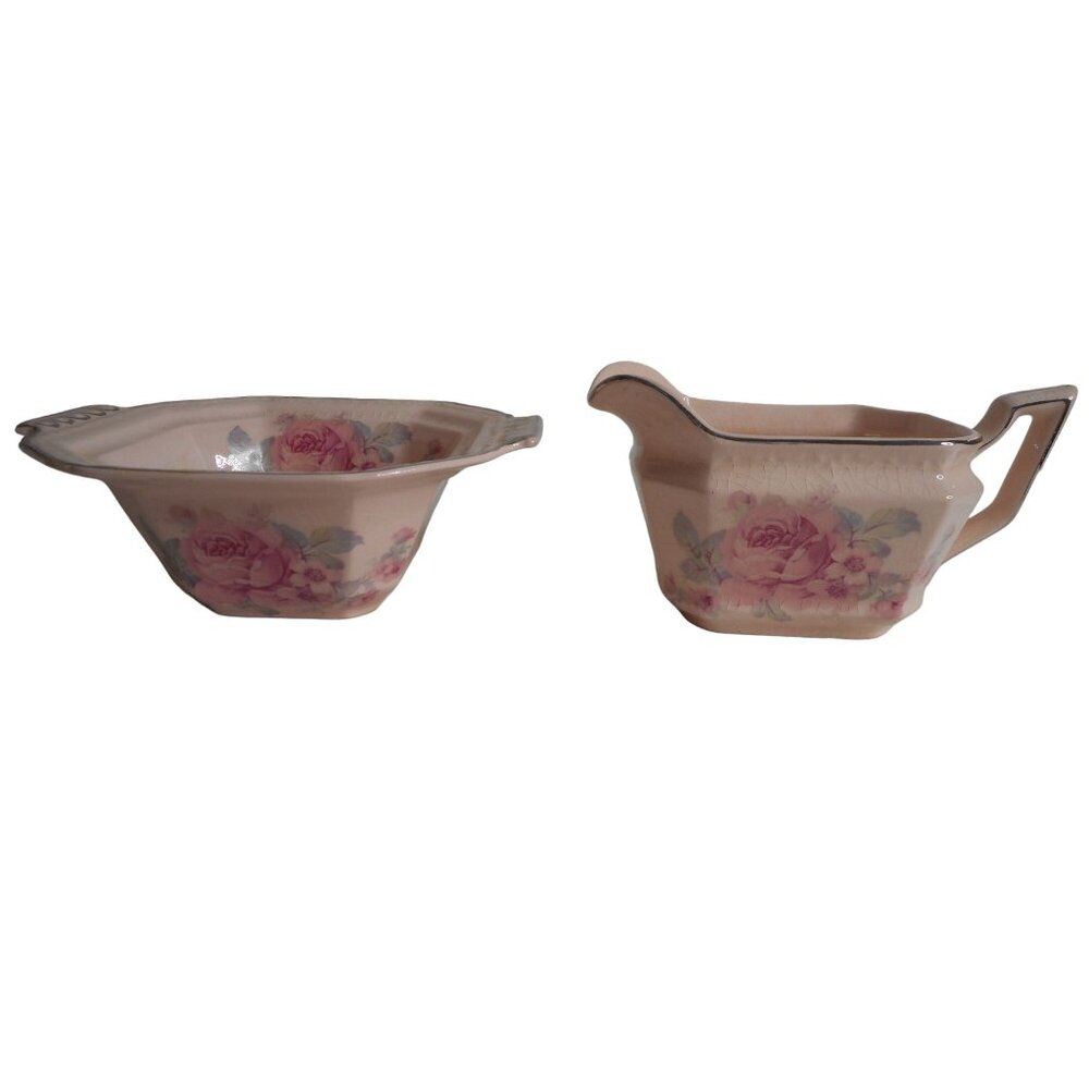 Alice Annglow 1931 Vtg Shabby Cottage Chic rose floral Creamer & Sugar Bowl